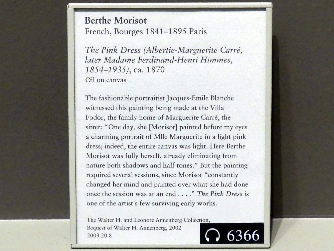Berthe Morisot (1870–1894), Das rosa Kleid (Albertie-Marguerite Carré, später Madame Ferdinand-Henri Himmes, 1854-1935), New York, Metropolitan Museum of Art (Met), Saal 821, um 1870, Bild 2/2