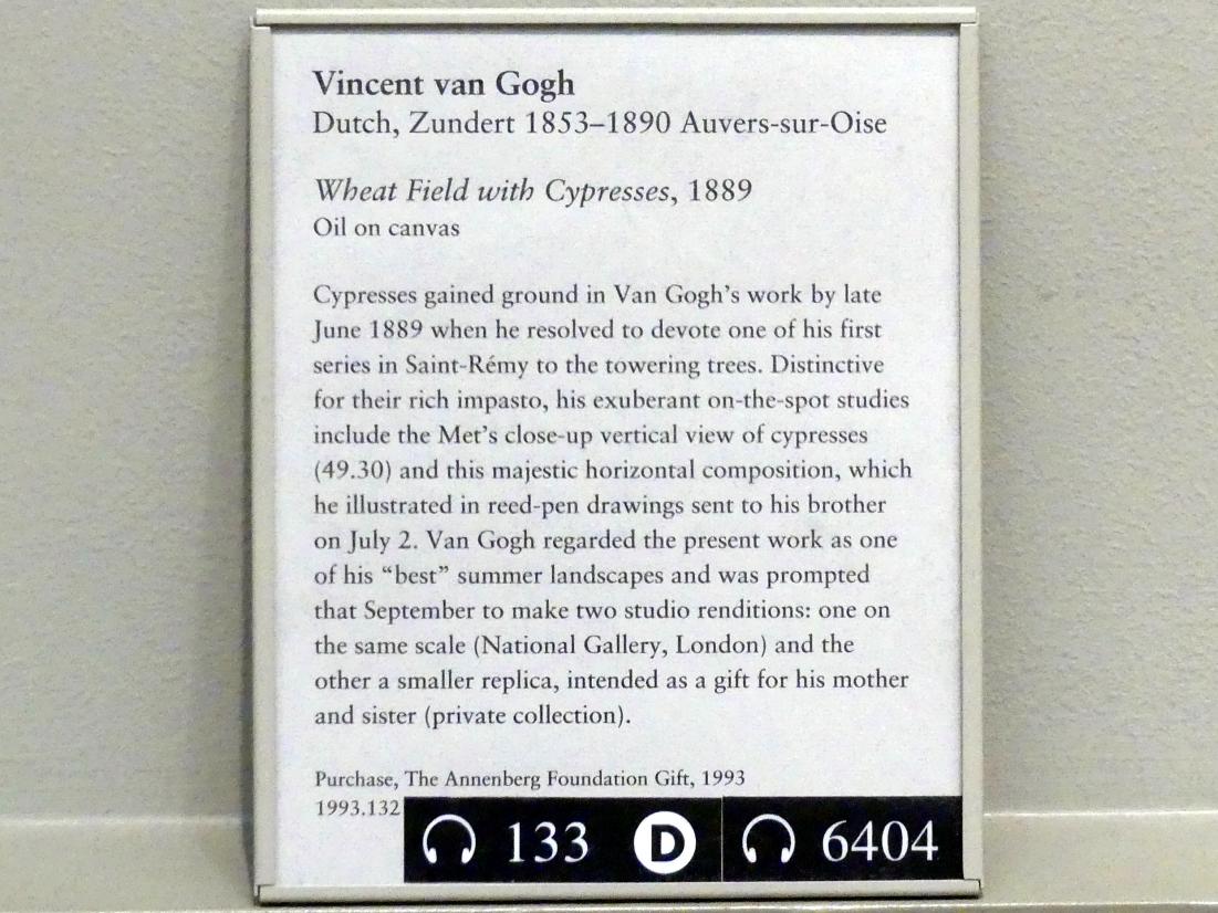 Vincent van Gogh (1882–1890), Weizenfeld mit Zypressen, New York, Metropolitan Museum of Art (Met), Saal 822, 1889, Bild 2/2