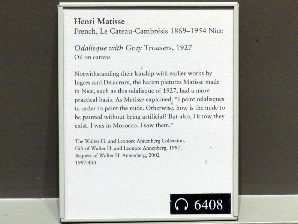 Henri Matisse (1898–1953), Odaliske mit grauer Hose, New York, Metropolitan Museum of Art (Met), Saal 823, 1927, Bild 2/2