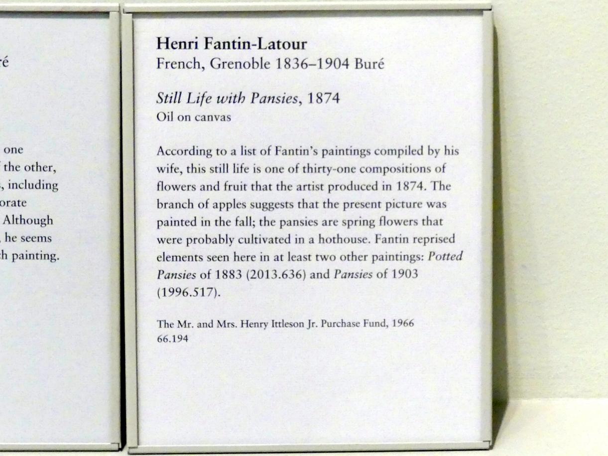 Henri Fantin-Latour (1858–1888), Stillleben mit Stiefmütterchen, New York, Metropolitan Museum of Art (Met), Saal 824, 1874, Bild 2/2