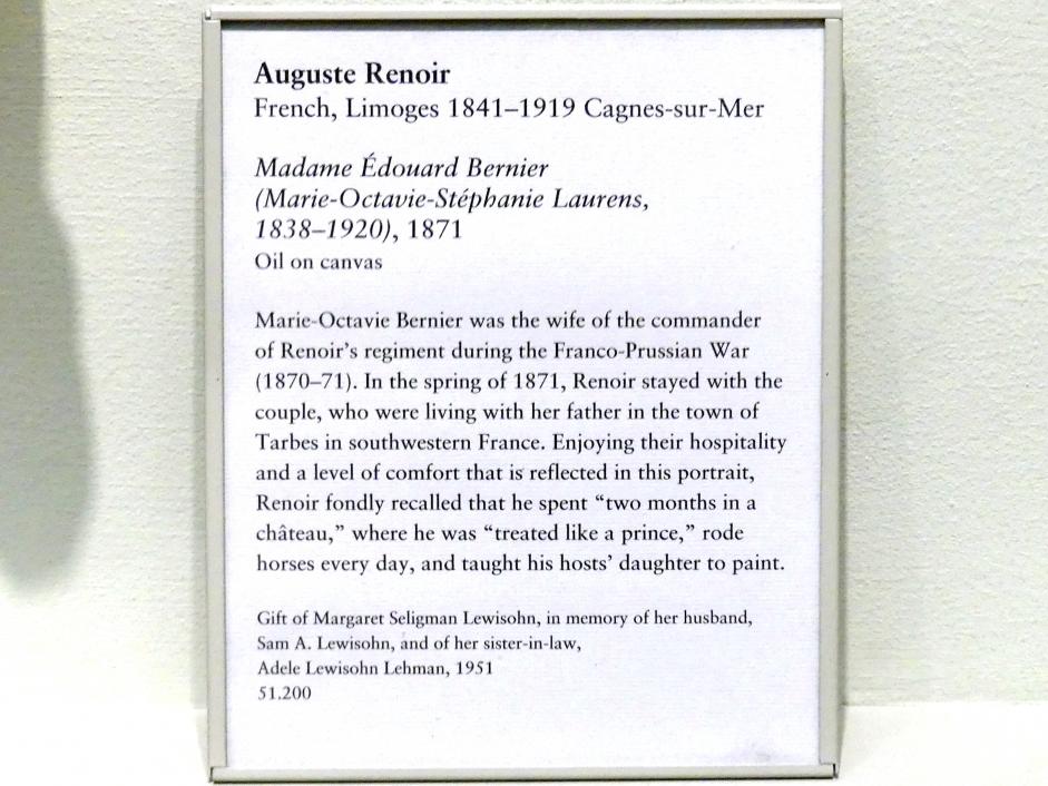 Auguste Renoir (Pierre-Auguste Renoir) (1866–1918), Madame Édouard Bernier (Marie-Octavie-Stéphanie Laurens, 1838-1920), New York, Metropolitan Museum of Art (Met), Saal 824, 1871, Bild 2/2