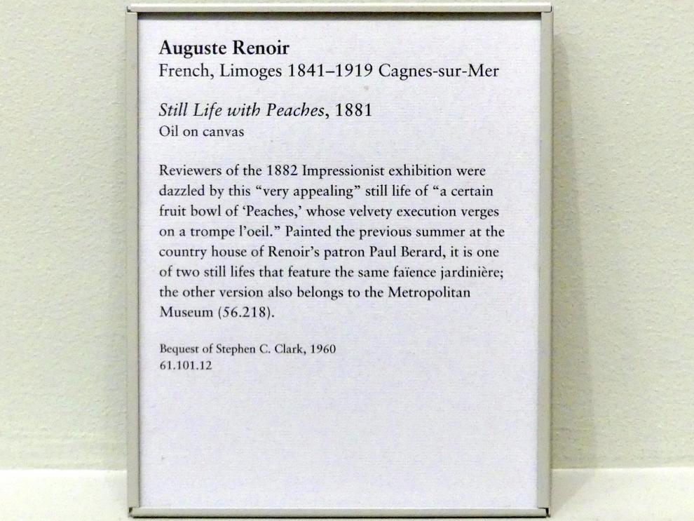 Auguste Renoir (Pierre-Auguste Renoir) (1866–1918), Stillleben mit Pfirsichen, New York, Metropolitan Museum of Art (Met), Saal 824, 1881, Bild 2/2
