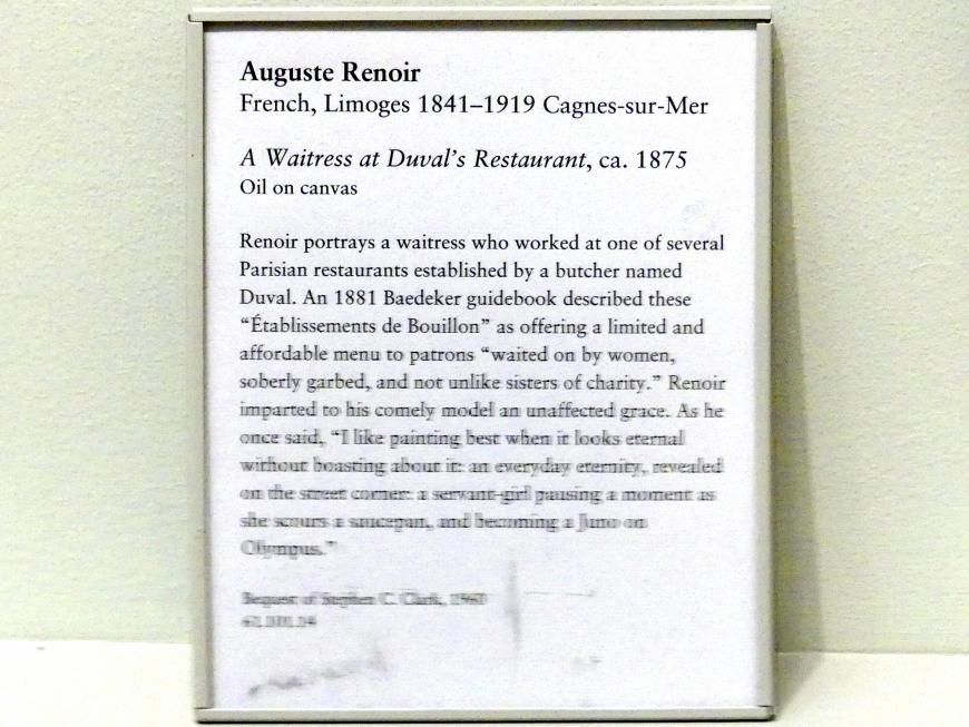 Auguste Renoir (Pierre-Auguste Renoir) (1866–1918), Eine Kellnerin in Duvals Restaurant, New York, Metropolitan Museum of Art (Met), Saal 824, um 1875, Bild 2/2