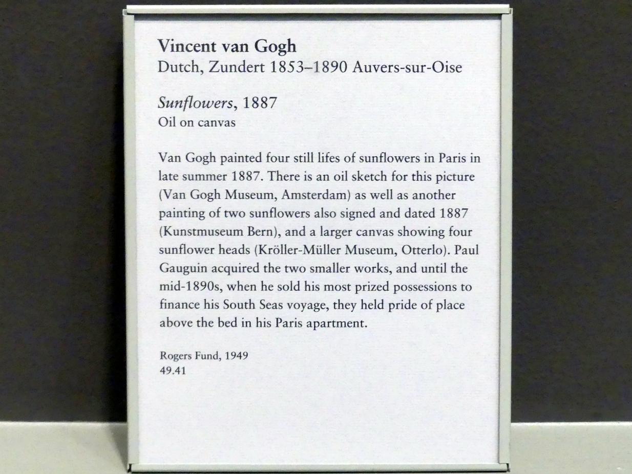 Vincent van Gogh (1882–1890), Sonnenblumen, New York, Metropolitan Museum of Art (Met), Saal 825, 1887, Bild 2/2