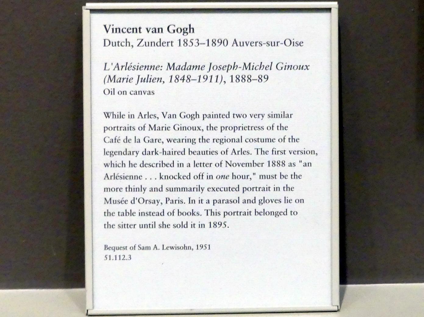 Vincent van Gogh (1882–1890), L'Arlésienne: Madame Joseph-Michel Ginoux (Marie Julien, 1848-1911), New York, Metropolitan Museum of Art (Met), Saal 825, 1888–1889, Bild 2/2