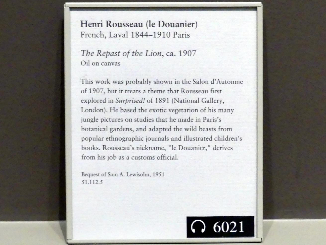 Henri Rousseau (Le Douanier) (1890–1910), Das Mahl des Löwen, New York, Metropolitan Museum of Art (Met), Saal 825, um 1907, Bild 2/2