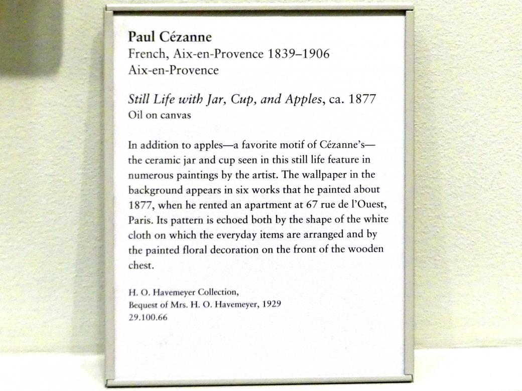 Paul Cézanne (1866–1906), Stillleben mit Topf, Becher und Äpfeln, New York, Metropolitan Museum of Art (Met), Saal 826, um 1877, Bild 2/2