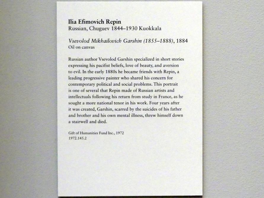 Ilja Jefimowitsch Repin (1884–1915), Wsewolod Michailowitsch Garschin (1855-1888), New York, Metropolitan Museum of Art (Met), Saal 827, 1884, Bild 2/2