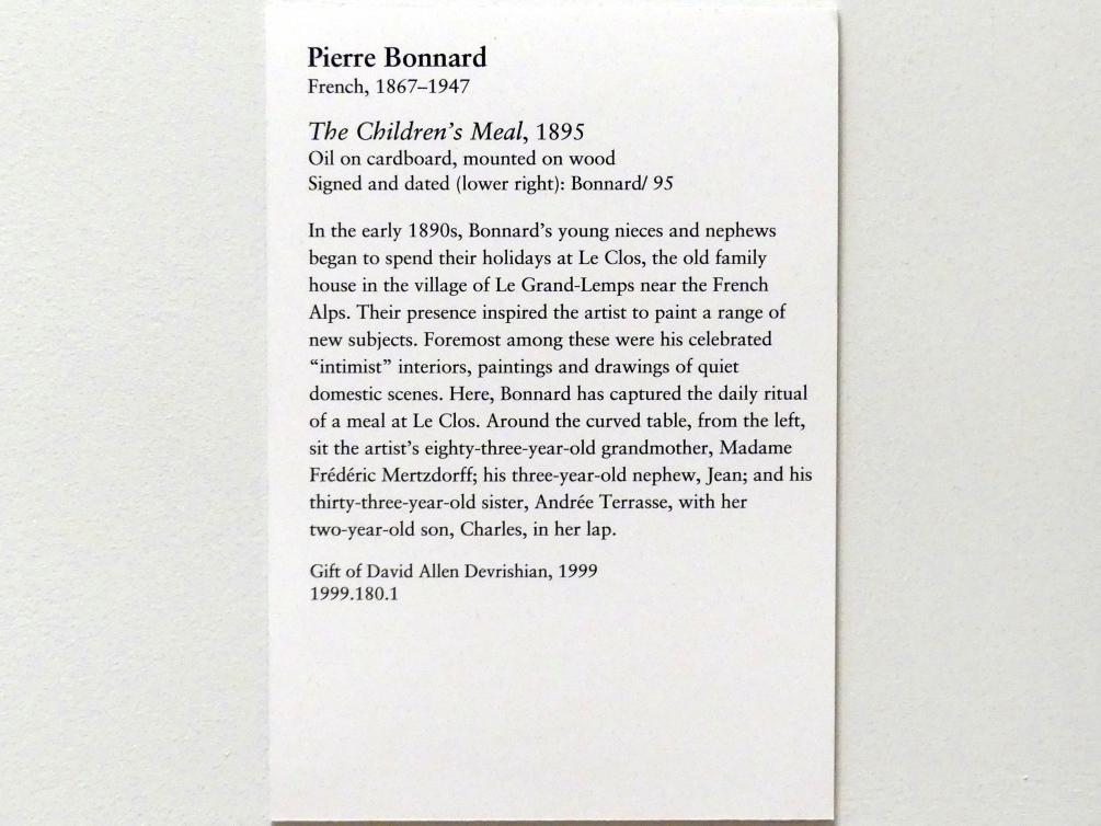 Pierre Bonnard (1893–1943), Die Mahlzeit der Kinder, New York, Metropolitan Museum of Art (Met), Saal 828, 1895, Bild 2/2