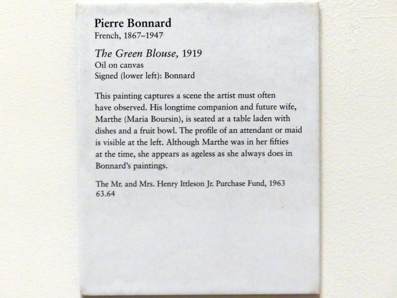 Pierre Bonnard (1893–1943), Die grüne Bluse, New York, Metropolitan Museum of Art (Met), Saal 828, 1919, Bild 2/2