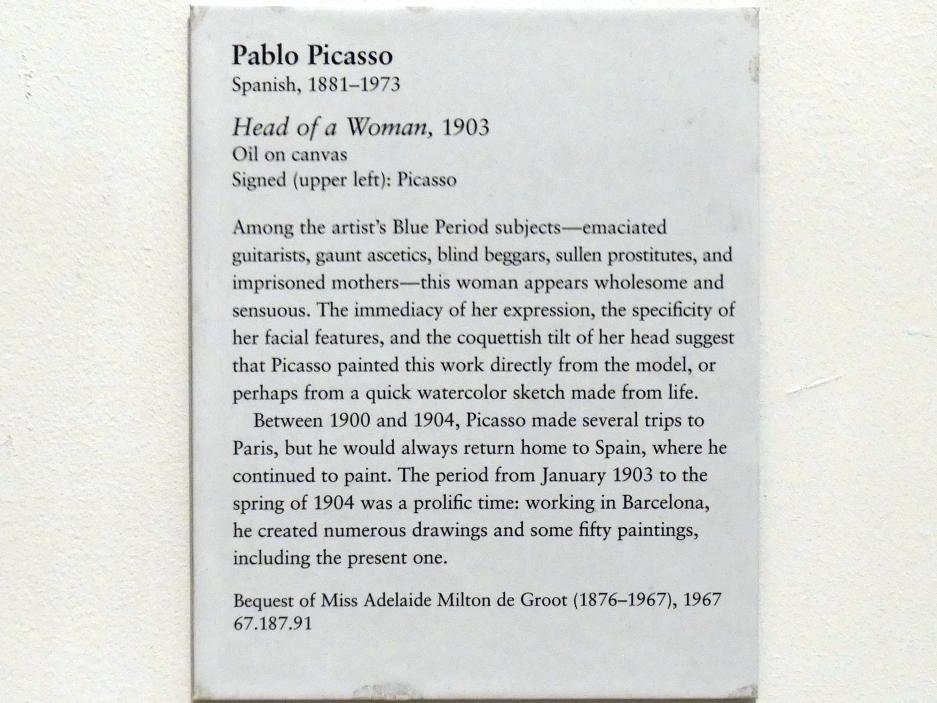 Pablo Picasso (1897–1972), Frauenkopf, New York, Metropolitan Museum of Art (Met), Saal 830, 1903, Bild 2/2