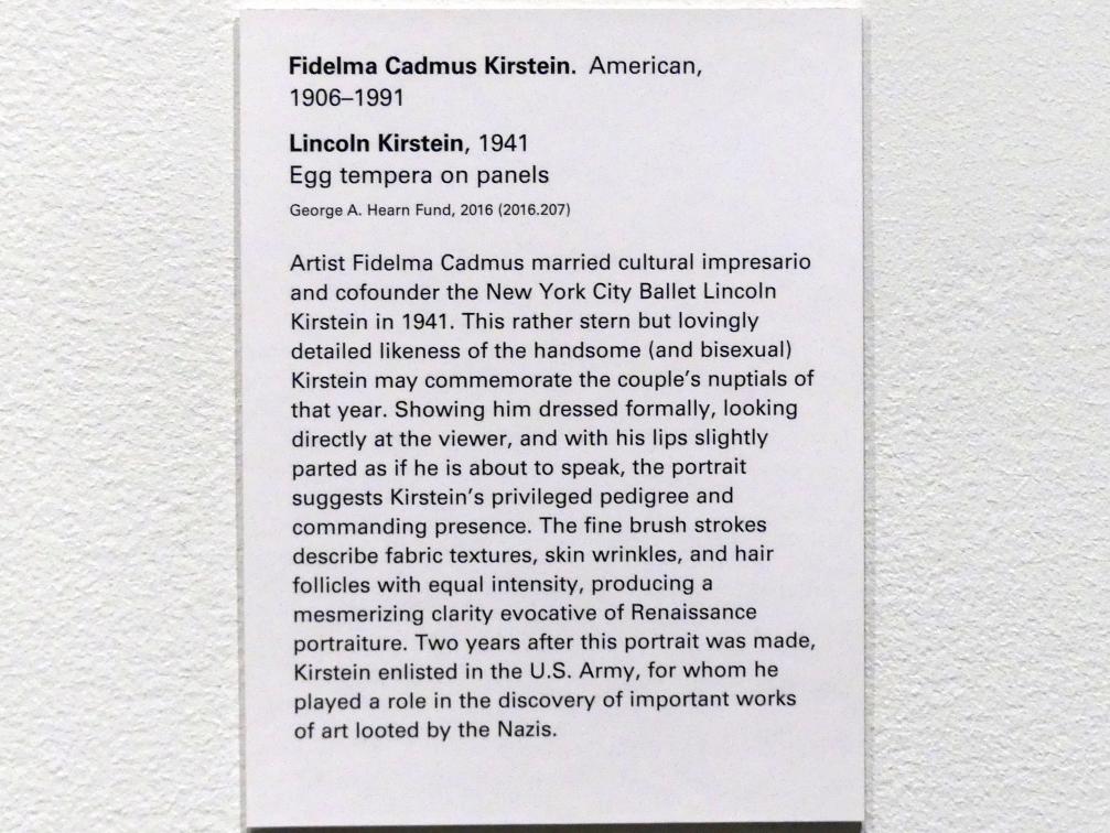 Fidelma Cadmus Kirstein (1941–1947), Lincoln Kirstein, New York, Metropolitan Museum of Art (Met), Saal 901, 1941, Bild 2/2