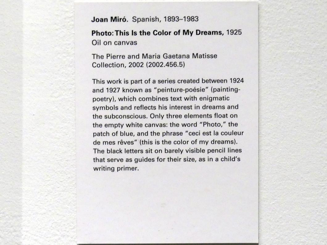 Joan Miró (1917–1970), Foto: Dies ist die Farbe meiner Träume, New York, Metropolitan Museum of Art (Met), Saal 901, 1925, Bild 2/2