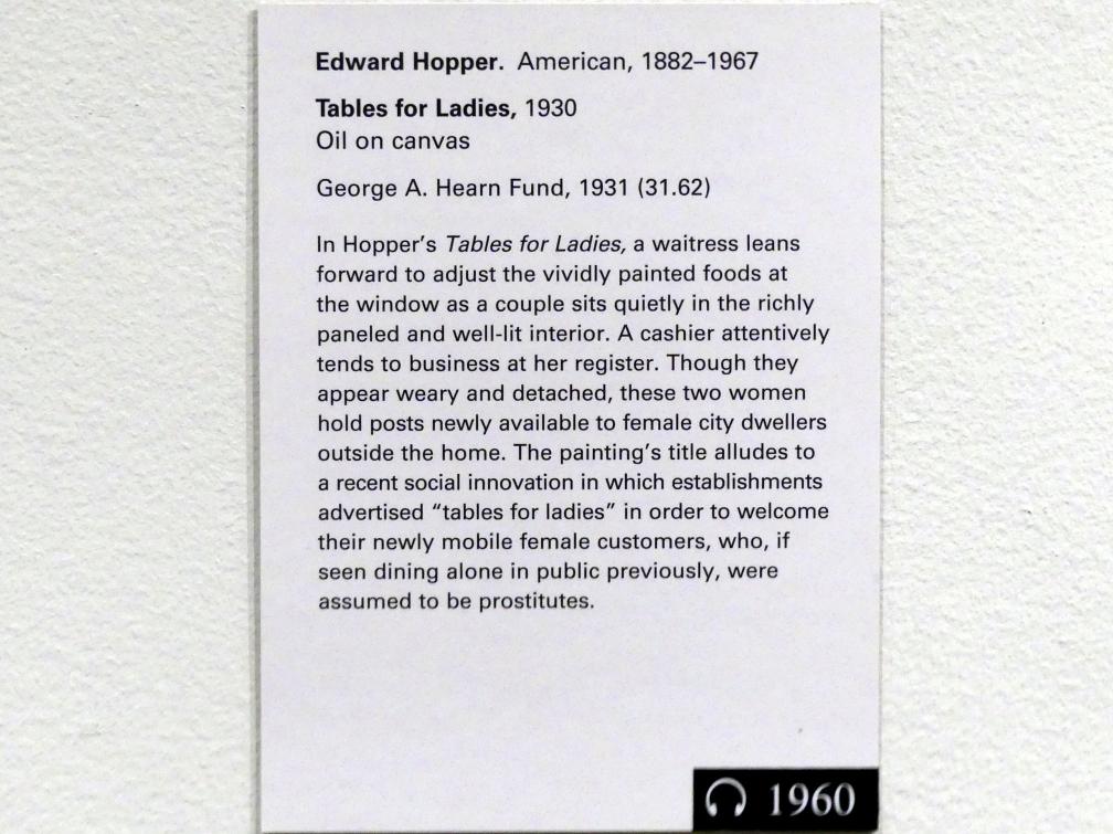 Edward Hopper (1921–1944), Tische für Damen, New York, Metropolitan Museum of Art (Met), Saal 902, 1930, Bild 2/2