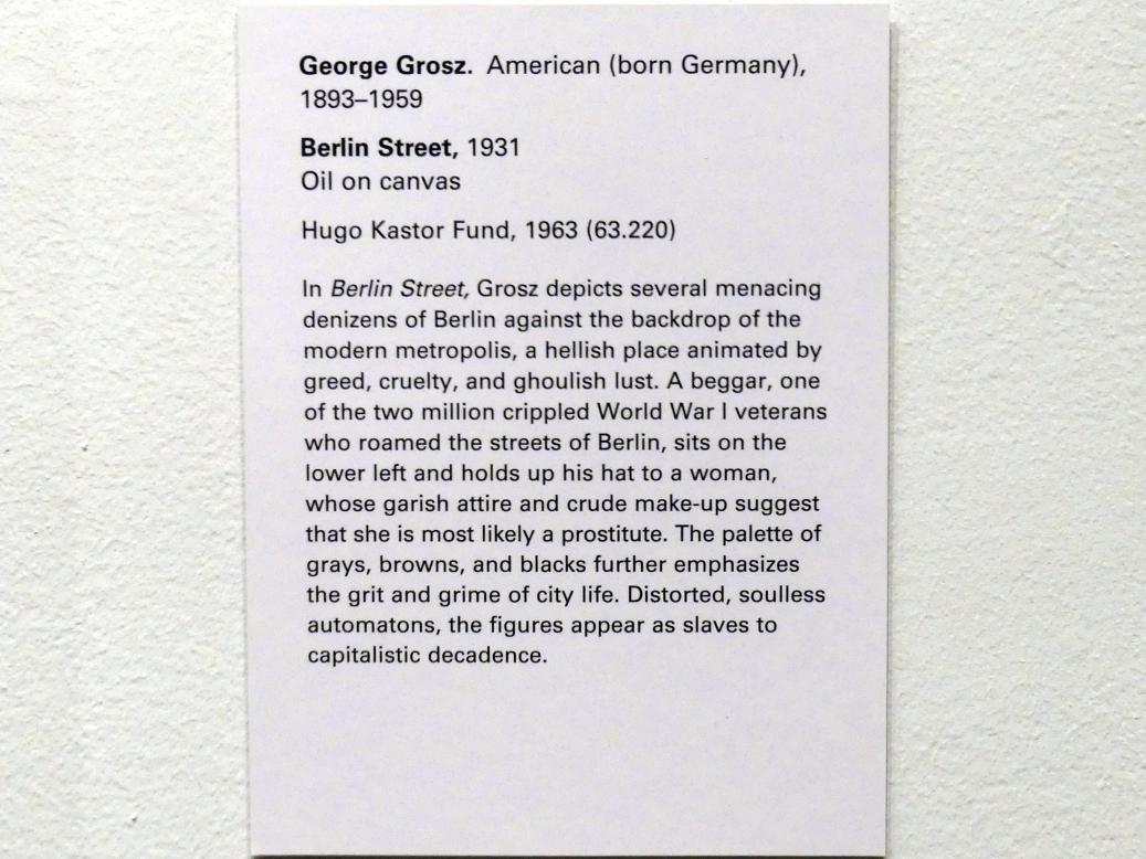 George Grosz (1915–1931), Berliner Straße, New York, Metropolitan Museum of Art (Met), Saal 902, 1931, Bild 2/2