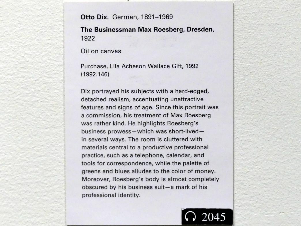 Otto Dix (1913–1949), Der Kaufmann Max Roesberg, Dresden, New York, Metropolitan Museum of Art (Met), Saal 903, 1922, Bild 2/2