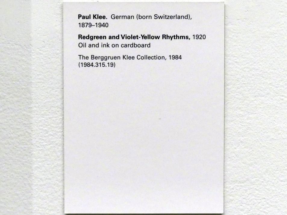 Paul Klee (1904–1940), Rotgrüne und violett-gelbe Rhythmen, New York, Metropolitan Museum of Art (Met), Saal 912, 1920, Bild 2/2