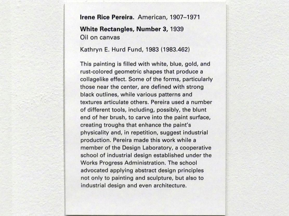 Irene Rice Pereira (1939), Weiße Rechtecke, Nummer 3, New York, Metropolitan Museum of Art (Met), Saal 912, 1939, Bild 2/2