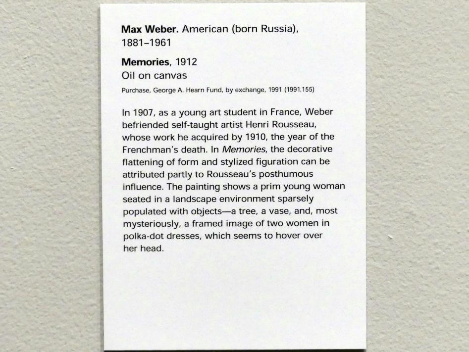 Max Weber (1912–1917), Erinnerungen, New York, Metropolitan Museum of Art (Met), Saal 911, 1912, Bild 2/2