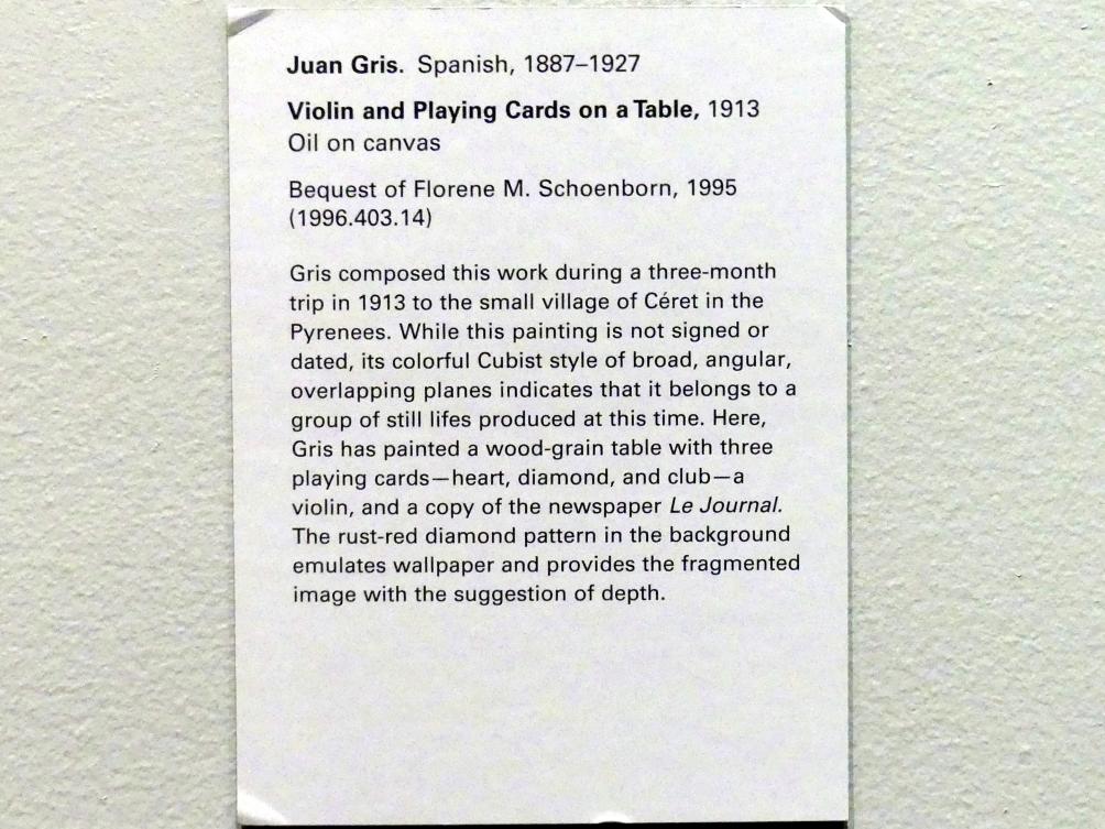 Juan Gris (1911–1926), Geige und Spielkarten auf einem Tisch, New York, Metropolitan Museum of Art (Met), Saal 910, 1913, Bild 2/2