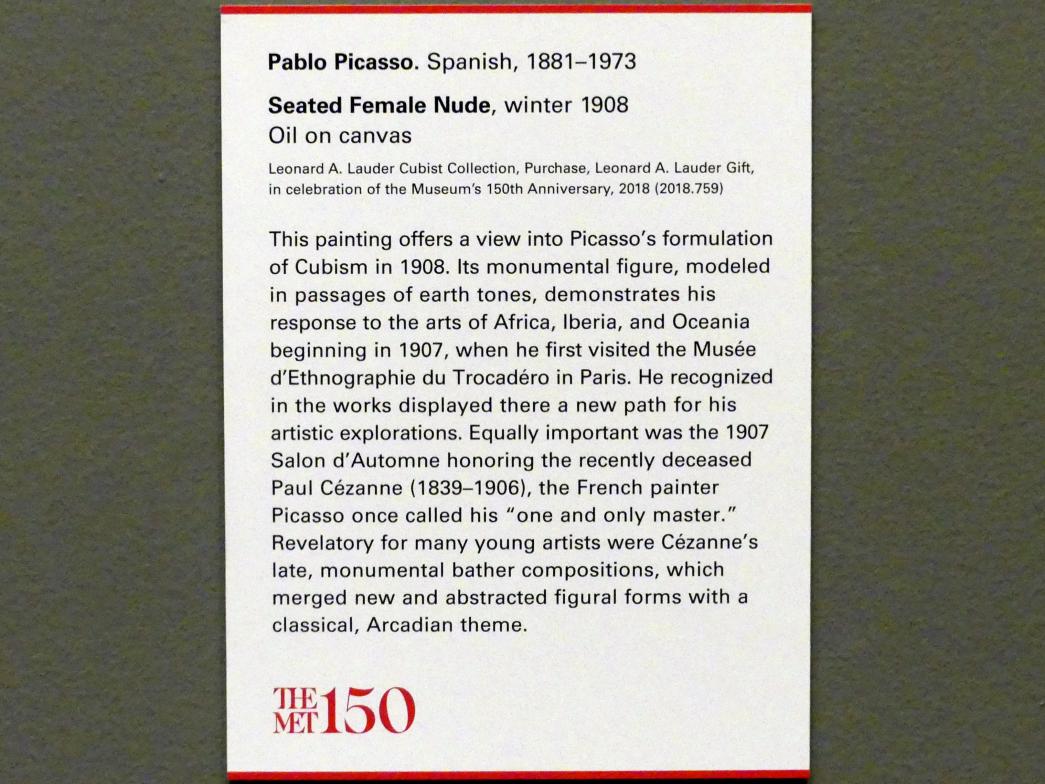 Pablo Picasso (1897–1972), Sitzender weiblicher Akt, New York, Metropolitan Museum of Art (Met), Saal 908, 1908, Bild 2/2