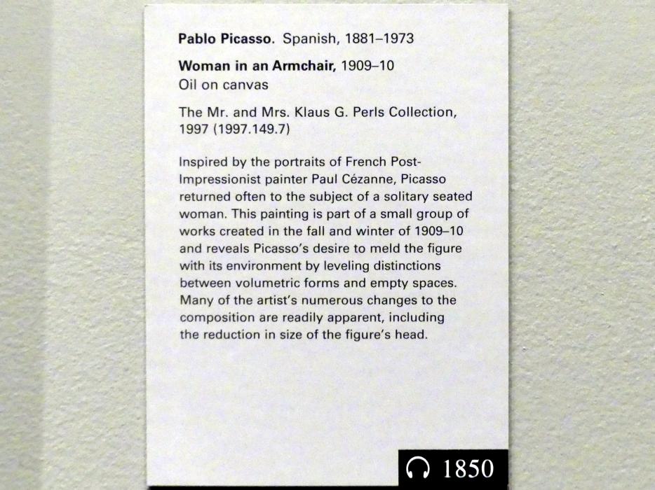 Pablo Picasso (1897–1972), Frau im Sessel, New York, Metropolitan Museum of Art (Met), Saal 908, 1909–1910, Bild 2/2