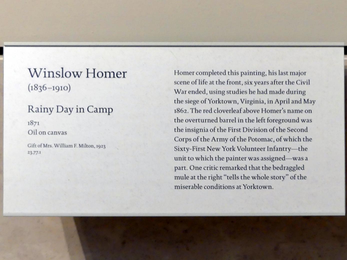 Winslow Homer (1864–1907), Regentag im Camp, New York, Metropolitan Museum of Art (Met), Saal 762, 1871, Bild 2/2