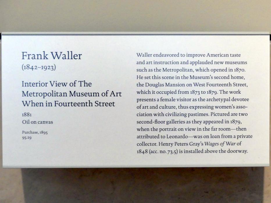 Frank Waller (1881), Innenansicht des Metropolitan Museum of Art in der Fourteenth Street, New York, Metropolitan Museum of Art (Met), Saal 763, 1881, Bild 2/2