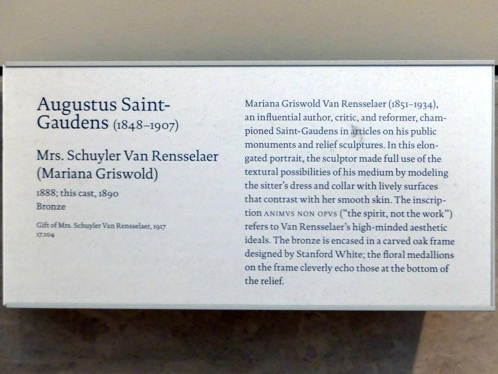 Augustus Saint-Gaudens (1872–1905), Frau Schuyler Van Rensselaer (Mariana Griswold), New York, Metropolitan Museum of Art (Met), Saal 764, 1888, Bild 2/2