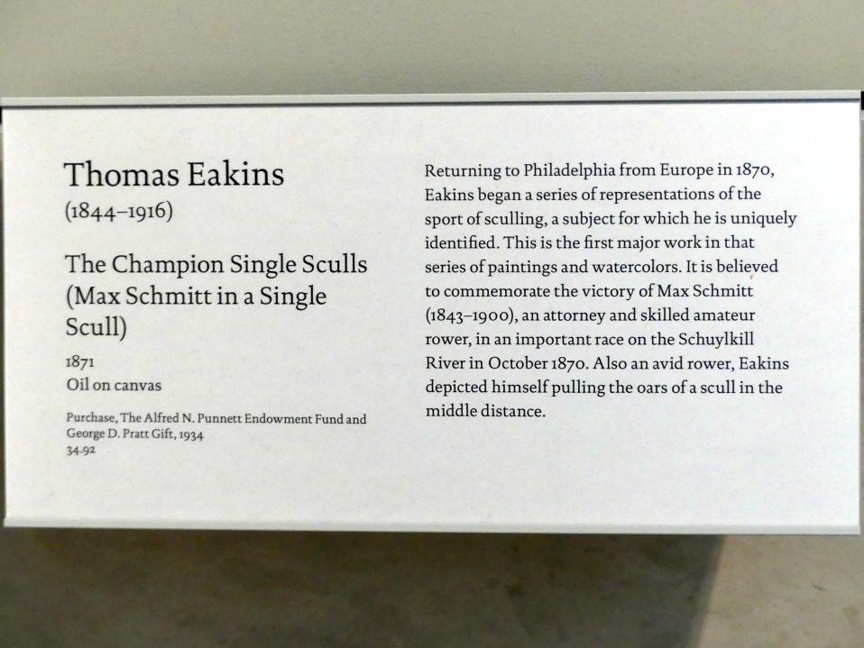Thomas Eakins (1869–1900), Max Schmitt im Einer, New York, Metropolitan Museum of Art (Met), Saal 764, 1871, Bild 2/2