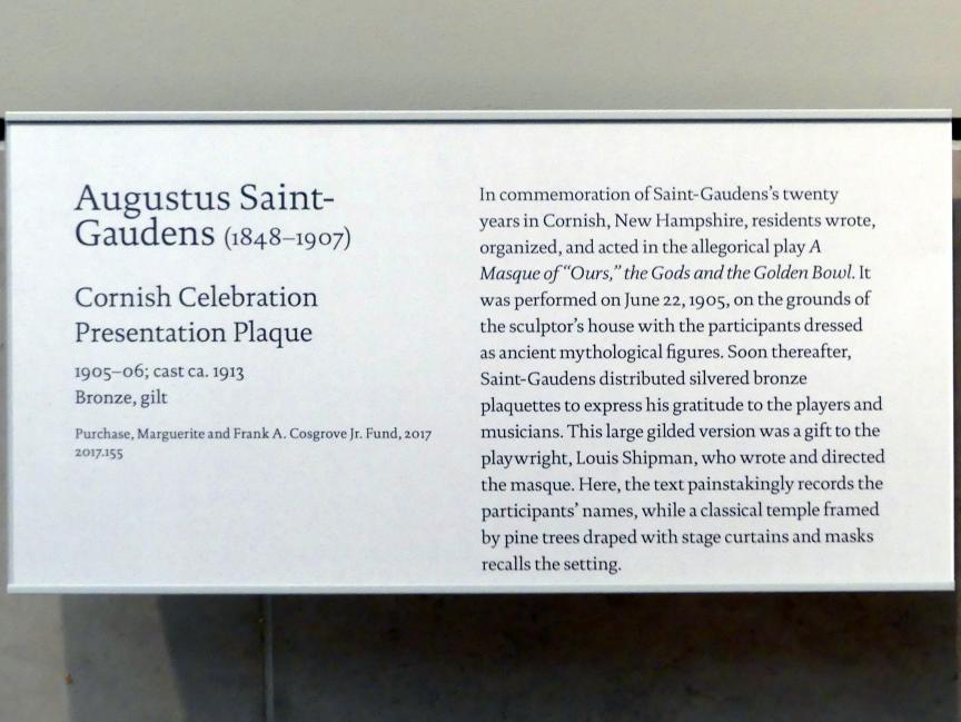Augustus Saint-Gaudens (1872–1905), Cornish Celebration Presentation Plaque, New York, Metropolitan Museum of Art (Met), Saal 766, 1905–1906, Bild 2/2