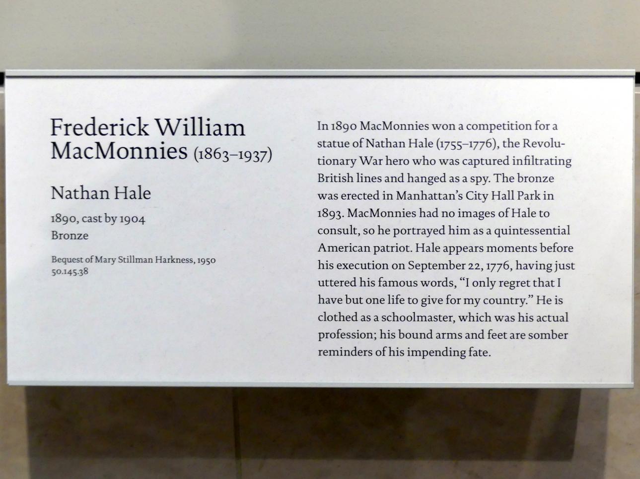 Frederick William MacMonnies (1888–1898), Nathan Hale, New York, Metropolitan Museum of Art (Met), Saal 770, 1890, Bild 4/4