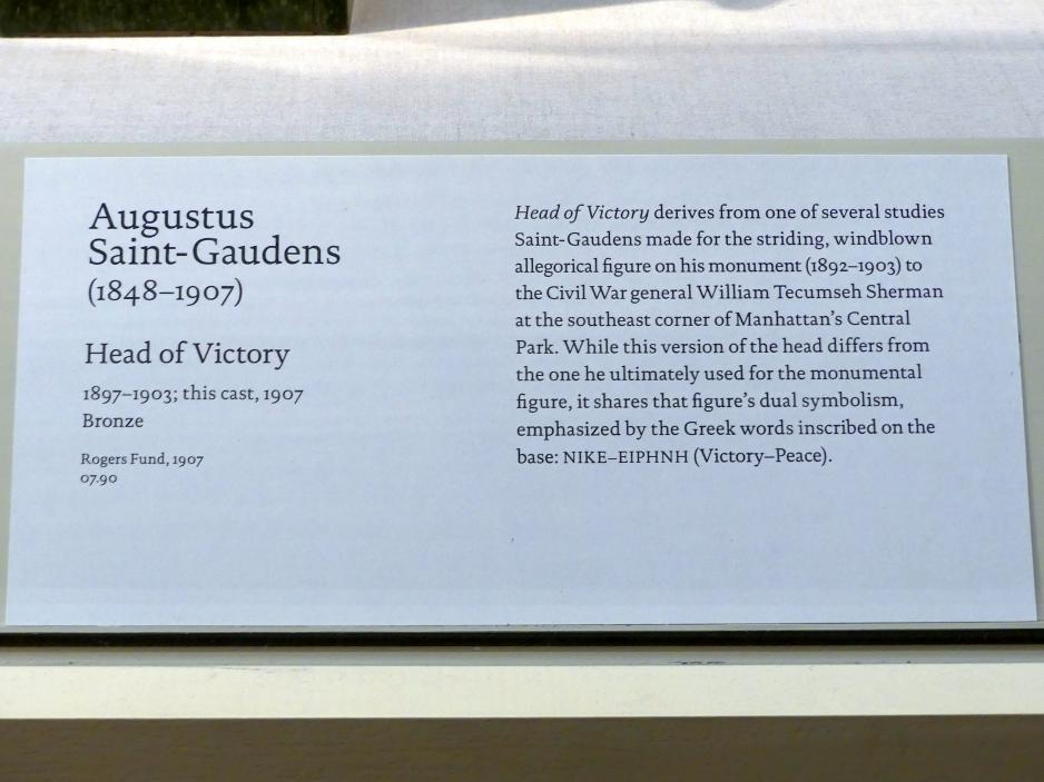 Augustus Saint-Gaudens (1872–1905), Kopf des Sieges, New York, Metropolitan Museum of Art (Met), Saal 770, 1897–1903, Bild 2/2