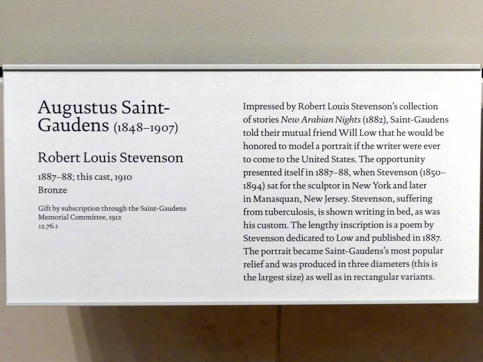 Augustus Saint-Gaudens (1872–1905), Robert Louis Stevenson, New York, Metropolitan Museum of Art (Met), Saal 771, 1887–1888, Bild 2/2