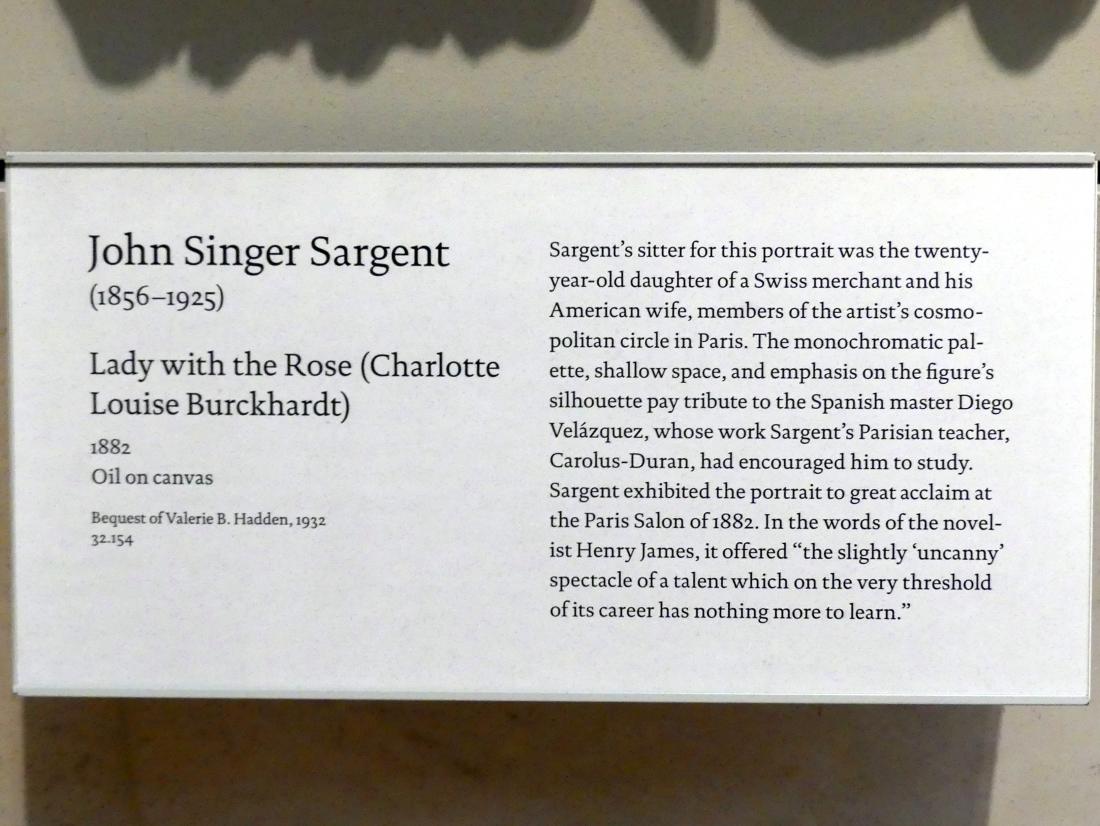 John Singer Sargent (1875–1920), Dame mit der Rose (Charlotte Louise Burckhardt), New York, Metropolitan Museum of Art (Met), Saal 771, 1882, Bild 2/2