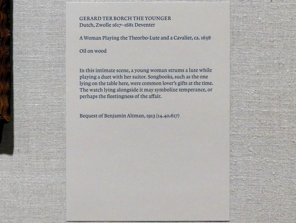 Gerard ter Borch (1635–1675), Eine Frau, die Theorbe-Laute spielt, und ein Kavalier, New York, Metropolitan Museum of Art (Met), Saal 964, um 1658, Bild 2/2