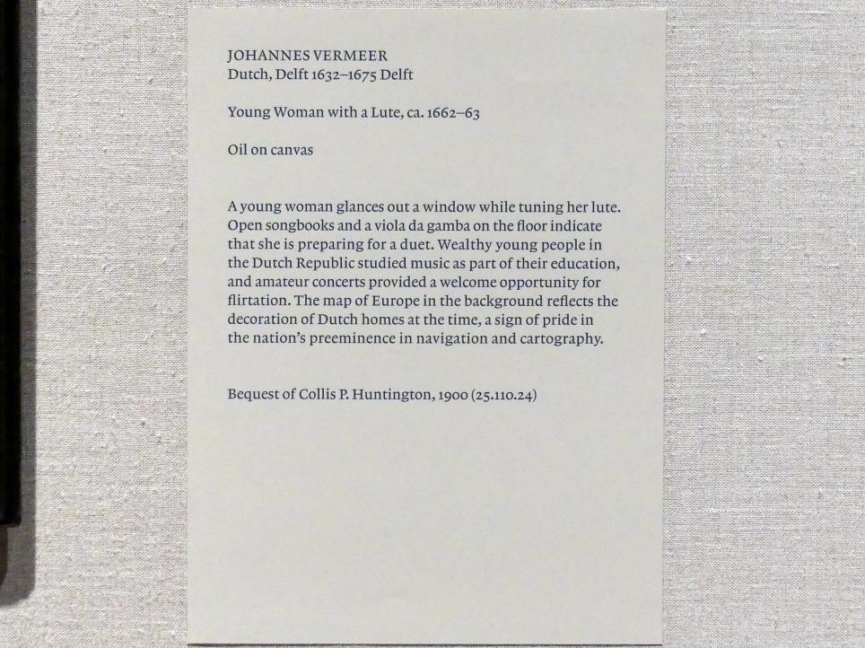 Jan Vermeer (Johannes Vermeer) (1654–1672), Junge Frau mit Laute, New York, Metropolitan Museum of Art (Met), Saal 964, um 1662–1663, Bild 2/2