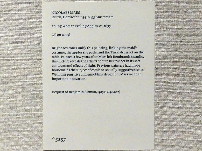 Nicolaes Maes (1652–1687), Junge Frau beim Apfelschälen, New York, Metropolitan Museum of Art (Met), Saal 964, um 1655, Bild 2/2