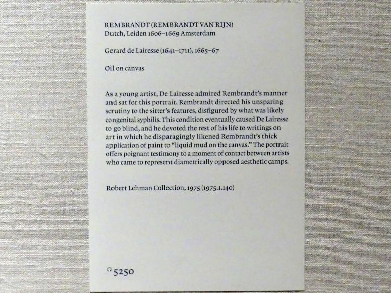 Rembrandt (Rembrandt Harmenszoon van Rijn) (1627–1669), Porträt von Gerard de Lairesse (1641-1711), New York, Metropolitan Museum of Art (Met), Saal 964, 1665–1667, Bild 2/2