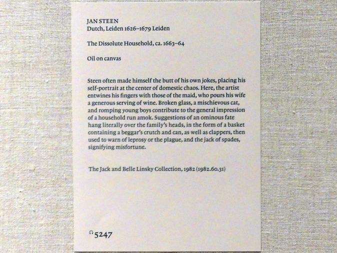 Jan Havickszoon Steen (1650–1678), Der zügellose Haushalt, New York, Metropolitan Museum of Art (Met), Saal 964, um 1663–1664, Bild 2/2