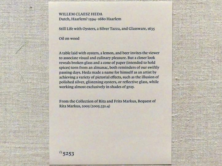 Willem Claeszoon Heda (1631–1659), Stillleben mit Austern, einer silbernen Tazza und Glaswaren, New York, Metropolitan Museum of Art (Met), Saal 964, 1635, Bild 2/2