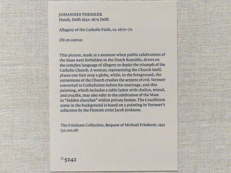 Jan Vermeer (Johannes Vermeer) (1654–1672), Allegorie auf den katholischen Glauben, New York, Metropolitan Museum of Art (Met), Saal 964, um 1670–1672, Bild 3/3