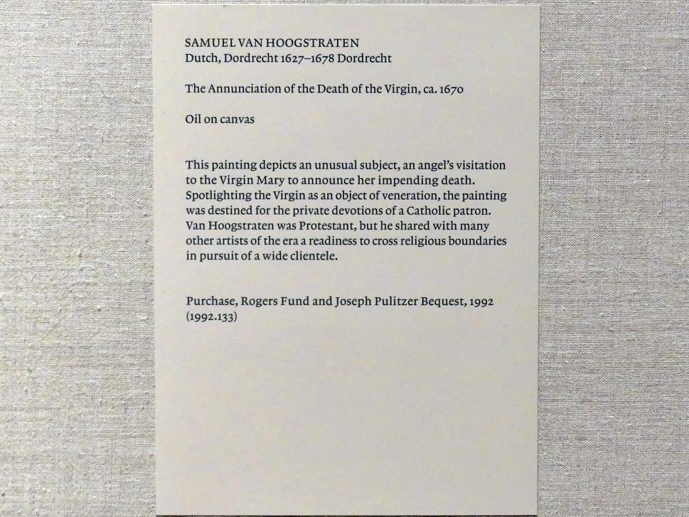 Samuel van Hoogstraten (1652–1670), Die Verkündigung des Todes der Jungfrau, New York, Metropolitan Museum of Art (Met), Saal 964, um 1670, Bild 2/2