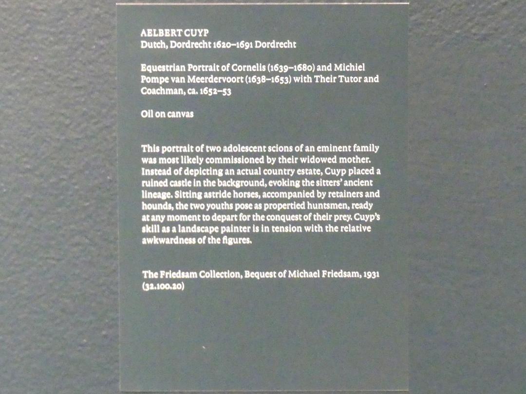 Aelbert Cuyp (1640–1667), Reiterporträt von Cornelis (1639–1680) und Michiel Pompe van Meerdervoort (1638–1653) mit ihrem Tutor und Kutscher, New York, Metropolitan Museum of Art (Met), Saal 965, um 1652–1653, Bild 2/2