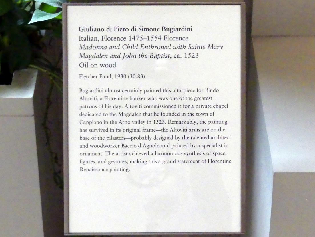 Giuliano Bugiardini (1517–1527), Thronende Maria mit Kind und den hll. Maria Magdalena und Johannes der Täufer, New York, Metropolitan Museum of Art (Met), Saal 962, um 1523, Bild 2/2