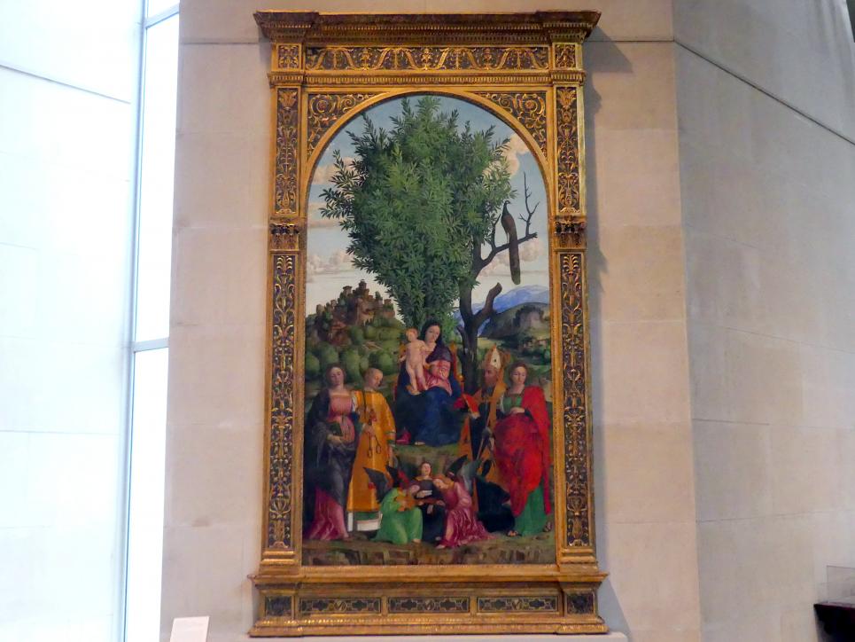 Girolamo dai Libri (1510–1530), Maria mit Kind und den hll. Katharina von Alexandrien, Leonhard, Augustinus und Apollonia, New York, Metropolitan Museum of Art (Met), Saal 961, um 1520