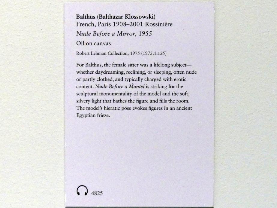 Balthus (Balthasar Kłossowski de Rola) (1935–1957), Weiblicher Akt vor einem Spiegel, New York, Metropolitan Museum of Art (Met), Saal 961, 1955, Bild 2/2