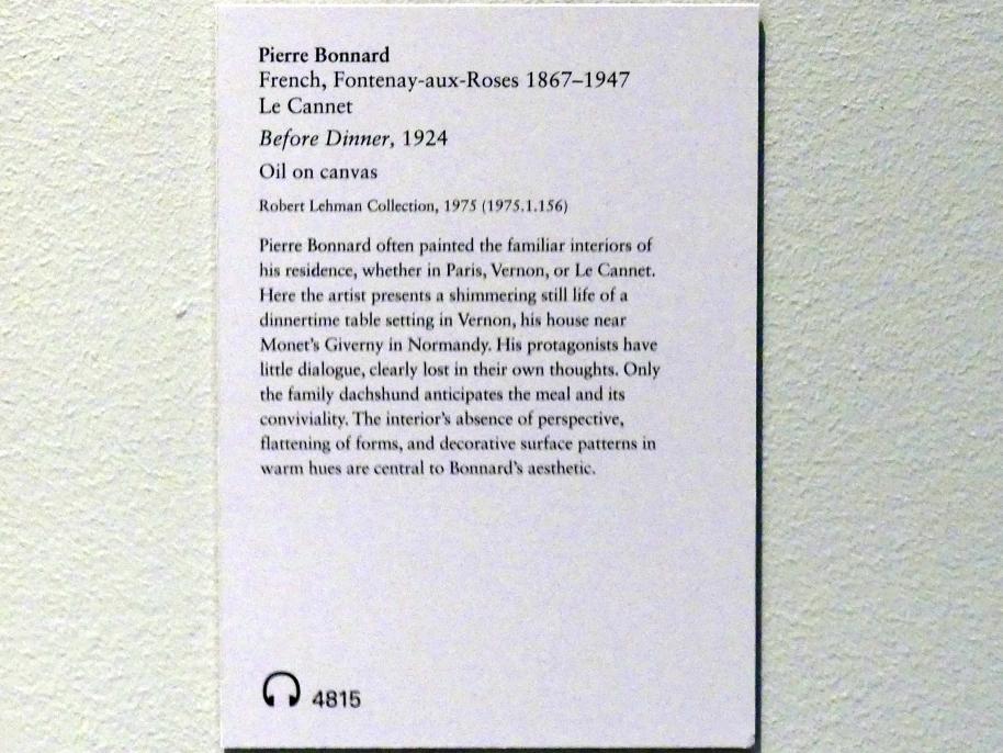 Pierre Bonnard (1893–1943), Vor dem Abendessen, New York, Metropolitan Museum of Art (Met), Saal 955, 1924, Bild 2/2