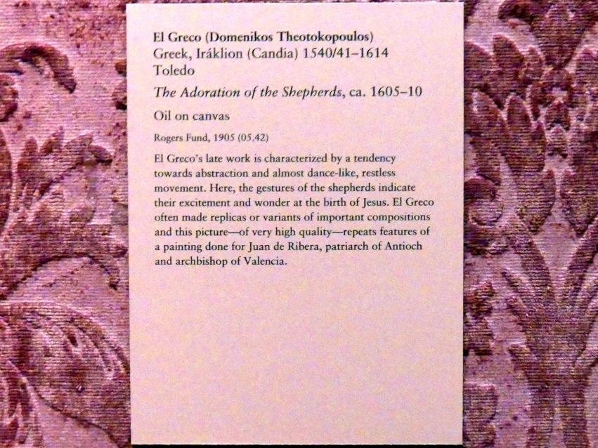 El Greco (Domínikos Theotokópoulos) (1567–1613), Anbetung der Hirten, New York, Metropolitan Museum of Art (Met), Saal 958, um 1605–1610, Bild 2/2