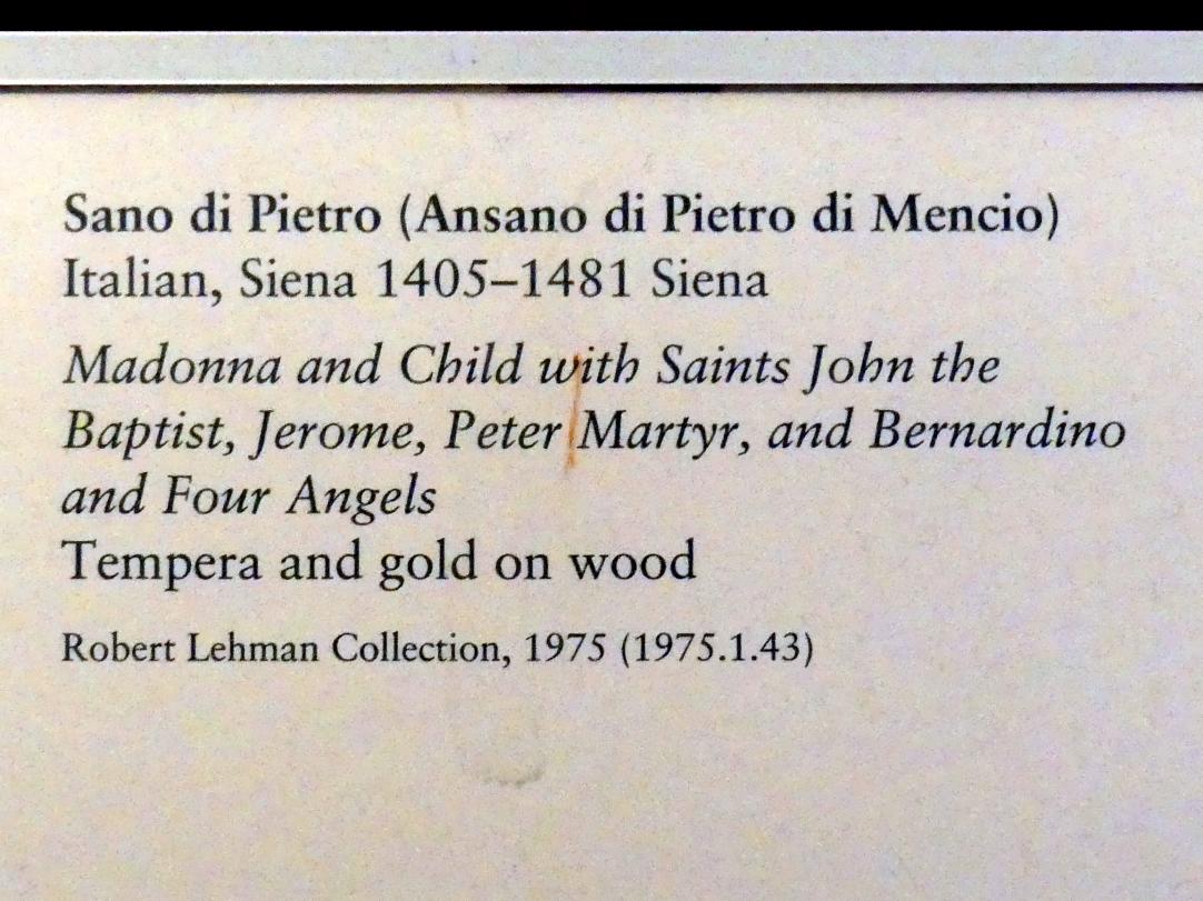Sano di Pietro (1437–1481), Maria mit Kind und den Heiligen Johannes der Täufer, Hieronymus, Petrus der Martyr und Bernhardin von Siena und vier Engel, New York, Metropolitan Museum of Art (Met), Saal 956, Undatiert, Bild 2/2